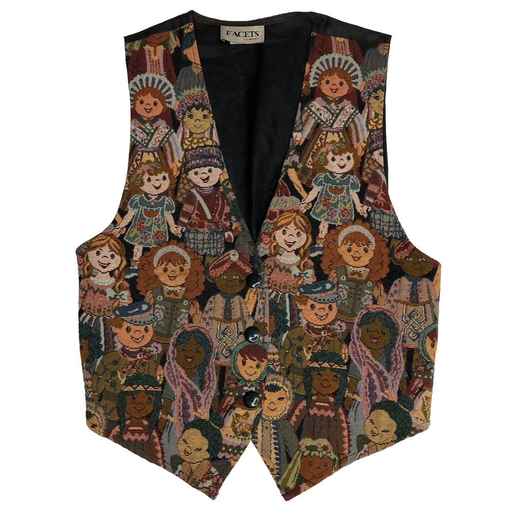 Facets by Mirrors Vest Women's Medium Children of the World Tapestry Teacher VTG